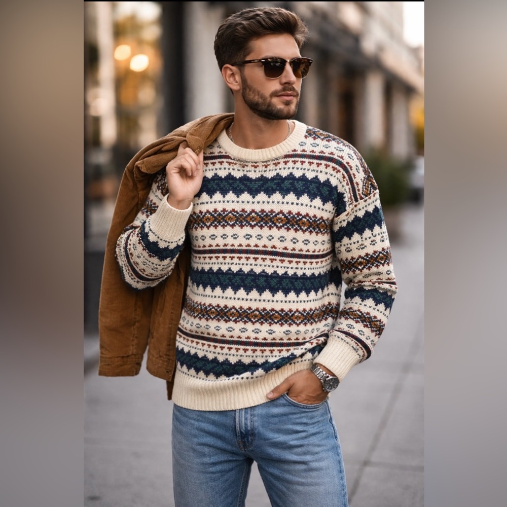 VTG Robinsons Large Geometric Sweater Cotton Chunky Knit Grand Dad 90s Preppy